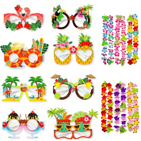 BSITSSS 8 x Hawaiian Papier Brille and 6 x Hawaii Kette Blumen, Tropical Hawaiian Party Brillen Lustig, Papier Partybrillen, Papier Strand Party Brille, Beach Party Accessoires für Kinder Erwachsene