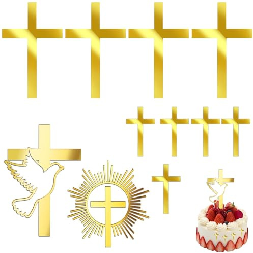 Kreuz Torten Deko Set 9-teilig – Goldene Kreuz Tortenstecker für Kommunion, Taufe & Geburtstagsfeiern, inkl. Taube & Strahlen-Kreuz, praktische Handhabung, 4,5 cm bis Standardgröße