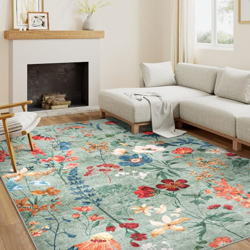 HUGEAR Vert Tapis Salon 160x230cm Floral Chambre Lavable en Machine Antidérapant Boheme Naturel Fleur Grand Carpet Bureau Salle a Manger Doux Poil Ras Rug