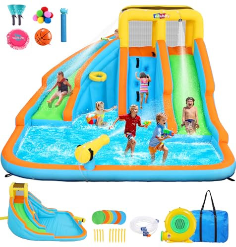Whubefy Inflatable Water Slide for Kids, Backyard, 6-in-1, Double Water Slide, Bouncy House with Blower, 5 Toys, Paddling Pool, Climbing Wall, Outdoor Water Park, Water Slide, Bouncy Castle for Kids
