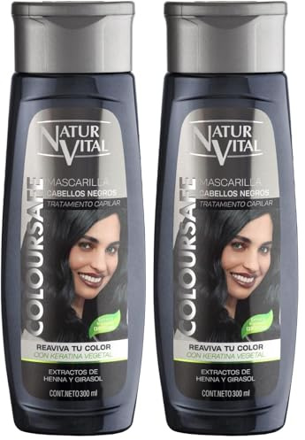 NaturVital - Mascarilla de Pelo ColourSafe, Sin Parabenos ni Siliconas, Coloración para Cabellos Negros, con Keratina Vegetal, Aporta Brillo y Protege el Color, 300 ml (Paquete de 2)