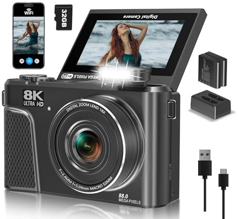 8K Digital Camera, 88MP Vlogging Camera for YouTube/Photography with 3 180° Flip Screen, Fill Light, WiFi, Filters, Beauty Features Includes 32GB SD Card & 2 Batteries (Gunmetal)