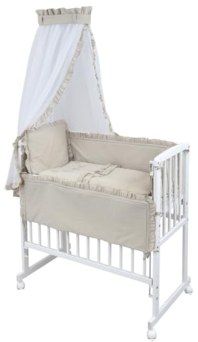 Generisch Baby Delux Beistellbett Babybett Stubenwagen weiß 90x40 mobil mit Rädern inkl. Matratze und Bettwäsche Set mehrteilig (Royal Beige Rüsche Stickerei)