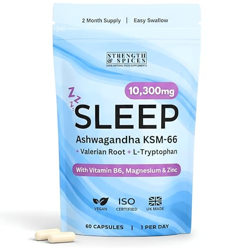 Ashwagandha High Strength KSM-66, Valerian Root & L-Tryptophan Supplement with Magnesium, Zinc & Vitamin B6 – UK Made, 2 Month Supply, 60 Vegan Capsules