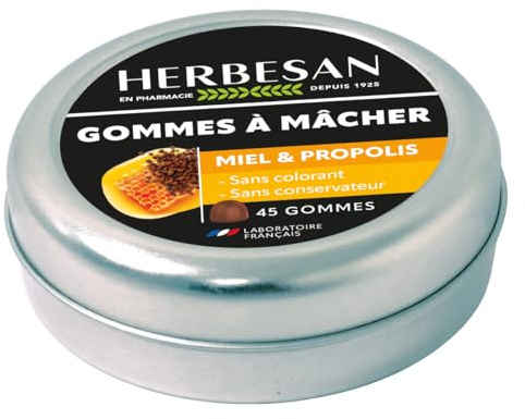 Miel & Propolis - Gorge - Gommes à mâcher | 45 gommes à mâcher - Sans colorant, Sans conservateur - Fabriqué en France - Herbesan