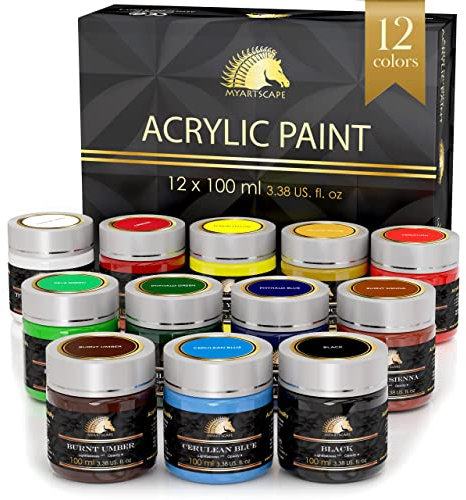 Myartscape Acrylic Paint Set - 12 x 100ml Bottles - Artist Quality Paints - Lightfast - Heavy Body - Highly Pigmented Colors with Great Coverage - Professional Art Supplies