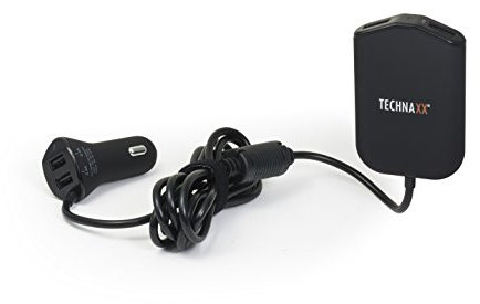 Cargador coche familiar Technaxx con 4 puertos USB - IC inteligente, clip de asiento trasero, DC 12-24V, carga rápida de hasta 4 dispositivos, protección contra sobrecorriente - Adaptador Coche TE14