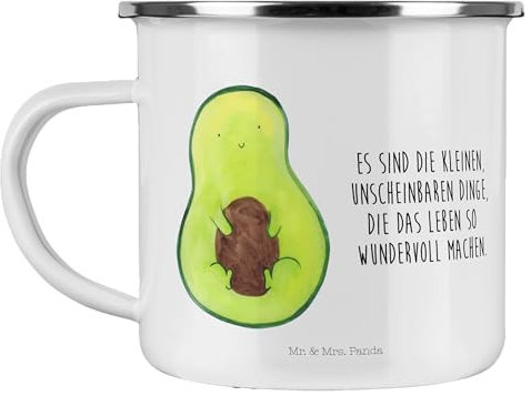 Mr. & Mrs. Panda Camping Emaille Tasse Avocado Kern - Geschenk, Campingtassen, Avokado, Emaille Campingbecher, glücklich, Vegan, Metall Tasse,