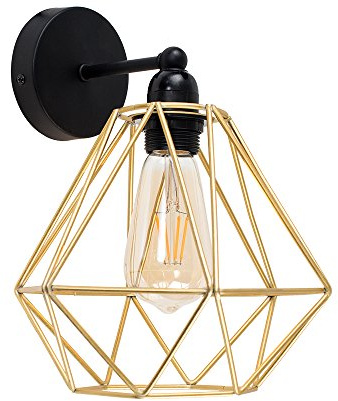 MiniSun | Industrial Steampunk Satin Black Pipework Single Wall Light with a Gold Metal Basket Cage Light Shade | Outdoor Wall Lights, Home Décor & Improvement Essential | Mains Wired