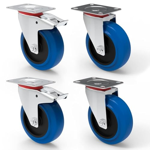 PRIOstahl Transportrollen 125mm Lenkrollen mit Bremse Set 4 x Industrierollen Blau Blue Wheels Schwerlastrollen Möbelrollen Vollgummi Spurlos abrollend