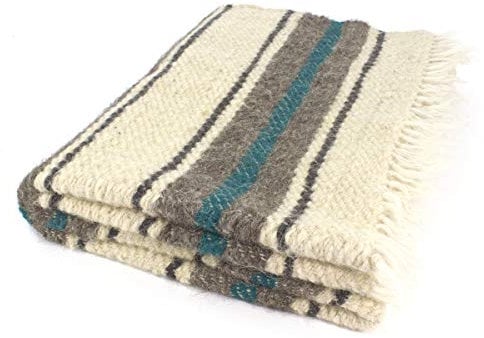 Vehi Mercatus Handgewebte Wolldecke (Petrol gestreift, 140 x 220 cm)
