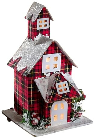 Dekoleidenschaft LED Dekofigur Kirche rot kariert, 30 cm hoch, Weihnachtsdeko mit Kunst-Schnee und Beleuchtung, Winterdeko, Leuchtdeko, Adventsdeko