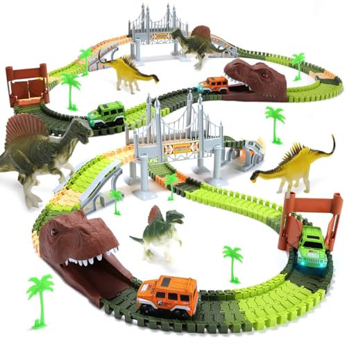 EagleStone Circuit Dinosaure 194 Pièces pour Enfants, Pistes Flexibles pour Créer Un Monde Dino avec Pont, 2 Voitures Électriques avec Lumières LED, Meilleur Cadeau pour Garçons et Filles en Bas Âge