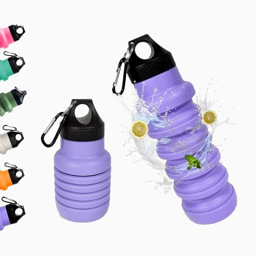 KINGMATE Borracce Pieghevole in Silicone, Senza BPA, Bottiglia da Bicicletta Sportiva, Adatta per Bevande Gassate, 500ml Viola con Coperchio Sportivo