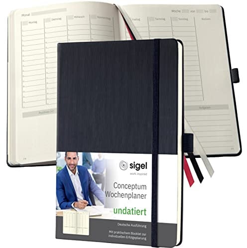 SIGEL CO700 Undatierter Wochenplaner, ca. A5, schwarz, Hardcover, für 1 Jahr, inkl. Erfolgsjournal, aus nachhaltigem Papier, Conceptum, undated Planner