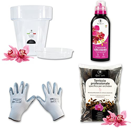 GebEarth® - Kit per Rinvasare le Orchidee: Vaso Orchidee Trasparente, 4 fori di drenaggio e Sottovaso + Terriccio Orchidee da 1 lt + Concime Orchidee 350g + Guanti in Nylon【 vaso diametro 14 cm 】