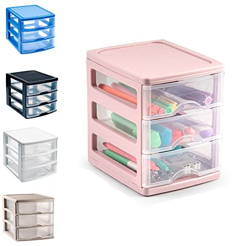 Plastic Desktop Storage Unit with Drawers, Stationary Arts Drawer Desktop Tabletop Organiser Storage Tower Unit for Office Bedroom Garage ((17 x 13.5 x 17cm, Pink with 3 Clear Drawers))