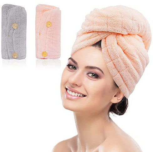 FenFang Rapid Drying Hair Towel Wrap, 2 Pack Microfibre Towel Turbans for Wet Long Thick Hair, Double-layer Absorbent Winter Hair Wrap Bath Shower Salon Twist Head Towel Caps Hats with Button Women