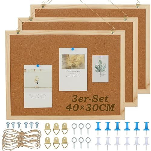 ASelected 3er-Set Pinnwand Kork 30 x 40 CM, Kleine Pinnwand mit Holzrahmen, Pinwand Korktafel für Zuhause, Büro, Café, Schule