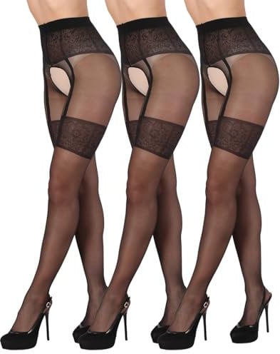 BANANALU gemusterte Ouvert Strumpfhose mit offenem Schritt 20 Den Intimo Noir 20 Nero- 3er Set S