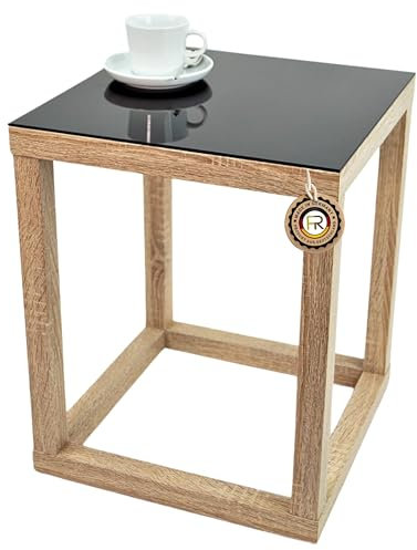 freeroom24, Beistelltisch, Wohnzimmertisch, Couchtisch, Coffee Table, Kaffeetisch, Blumenhocker, Blumensäule, Cube, Holzoptik Sonoma Eiche Nachbildung, Glas schwarz, 30 x 30 x 50cm, Made in Germany