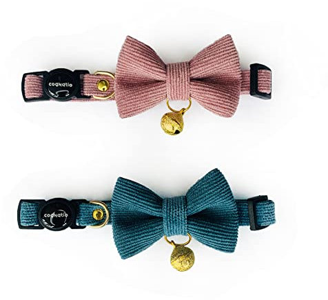 Cognatio Katzenhalsbänder mit Schnellentriegelung, weiches Katzenhalsband mit Abnehmbarer Fliege und Glöckchen, 2 Stück, verstellbar 20-30 cm