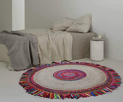 CASAVANI Handgeflochtener böhmischer runder Teppich, bunter Teppich, Baumwolle und Jute, Beige, mehrfarbiger Teppich für Esszimmer, Wohnzimmer, Schlafzimmer, 2,4 x 2,4 m, rund