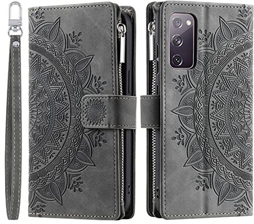 VEEMOS Wallet Case for Samsung Galaxy S20 FE Flower Flip Case Protective Leather Folio Book Phone Cover with Card Slots Kickstand Zipper Pocket - Grey
