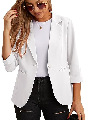 GRECERELLE Blazer élégant à manches 3/4 pour femme - Veste décontractée pour le travail - Blazer de bureau - Veste de costume et blazers avec poches et bouton pour femme, 004-blanc, 40