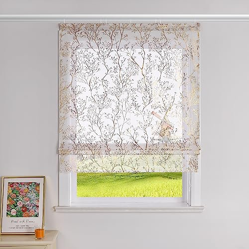 CORLIF Raffrollo mit Klettband Zweige Muster Raffgardinen mit Heißprägemuster Rollos Gardinen Landhaus Küche Transparente Bändchenrollo Modern für Fenster BxH 60x140 cm 1 Stück,Gold