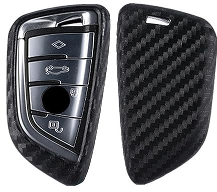 Happyit Couverture de Cas de Clé de Voiture en Silicone Souple à Motif en Fibre de Carbone Compatibilité avec BMW 2 3 5 7 Series 6GT X1 X3 X5 X6 F45 F46 G20 G30 G32 F48 3 4 Boutons Noir