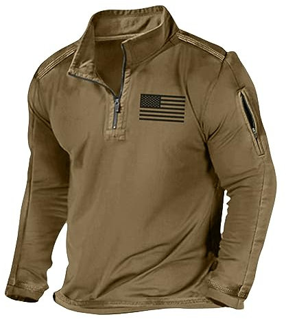 Poloshirt Herren Sports & Outdoor Clothing Trainingsshirt Herren MäNner Usa Flagge Gedruckt T-Shirt Stehkragen Langen ÄRmeln Shirt Mit ReißVerschluss Herbst Herrensweatshirt (Khaki, XL)