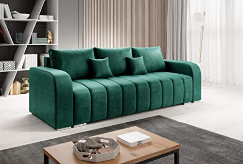 Easy4You Schlafsofa Pufetto - 245 cm - Velour Flaschengrün - 3 Sitzer Sofa - Bettzeugbehälter - Couch mit Schlaffunktion - Stoff: Manila 35