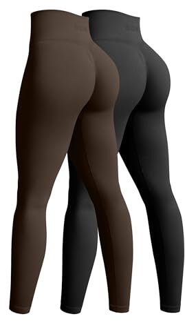 OQQ 2-teilige Yoga Leggings für Damen Nahtlos Workout Hohe Taille Po-Lifting Athletische Leggings Schwarz Dunkelbraun