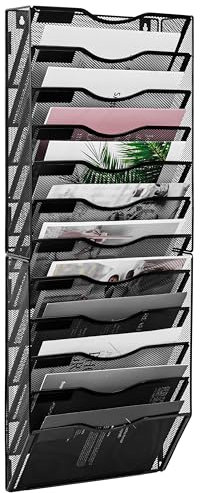 TQVAI 12 Compartiments Métal Porte Revue Mural Porte Documents A4 Organisateur De Bureau Rangement Papier Dossier Suspendus, Noir