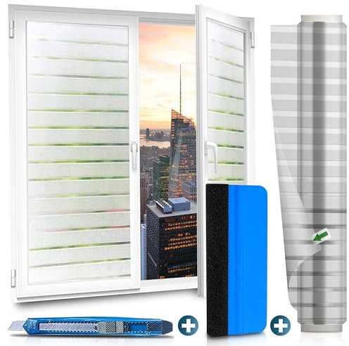WindowShield® Sichtschutzfolie mit Streifenmuster | Video-Anleitung | Sichtschutz Fenster | selbsthaftende Fensterbilder | Folie selbstklebend | Isolierfolie Kälteschutz | 90 x 200 cm