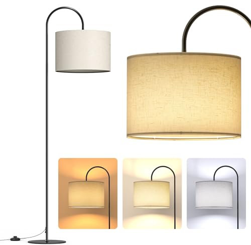 Lithomy Stehleuchte Wohnzimmer, LED Bogenlampe Wohnzimmer Stehlampe E27, 12W Stehlampe Schlafzimmer, Wohnzimmer Bogenleuchte mit Leinenlampenschirm und Fußschalter, Stehlampe Modern Weiß Beige