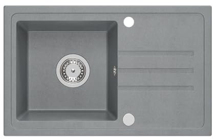 VBChome Granit Spüle 70 x 44 cm Grau Gesprenkelt Einbauwaschbecken Einzelbecken Reversibel Mit Siphon Küchenspüle aus Granit