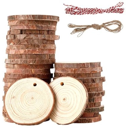 40 Stück Holzscheiben 5-6 cm,Rund Holzscheiben zum Basteln mit zwei Baumwollschnüren,Holzscheibe aus Holz mit Löchern,Baumscheiben Unvollendete,für Heimwerken,Basteln,Hochzeiten,Feiertagsdekorationen