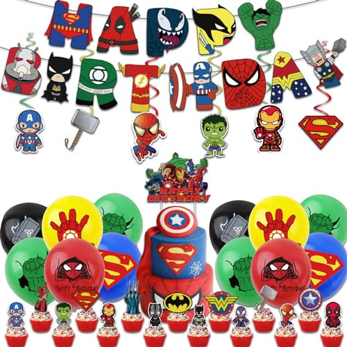 44Pcs Superhero Birthday Party Decorations,Superhero Kids Party Packs with Happy Birthday Banner,Superhero Balloons,Marve‘l Cake Toppers,Superhero Hanging Swirls,Superhero birthday Party Decor for Boy