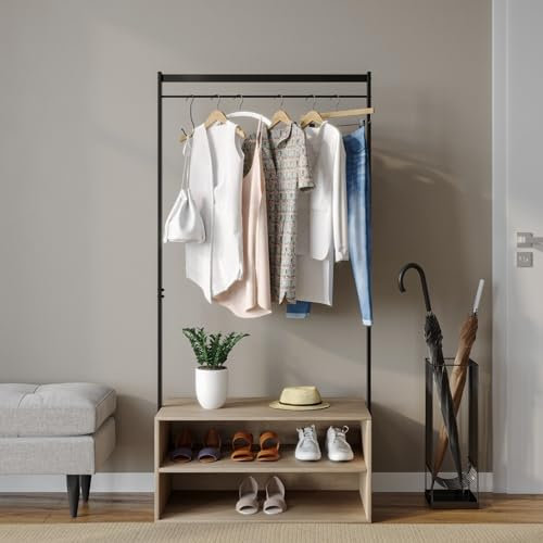 URBNLIVING Wooden Shoe Rack Shelf Storage & Metal Clothes Coat Garment Hanging Display Rail