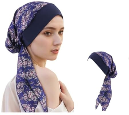 Elegance-go Damen Kopftuch - Sommer Bedruckte Schal, Elastische Turban Kopftücher, Chemo Kopfbedeckung, Baumwolle Turban Kappe für Frauen Haarausfall Krebs Chemo (Blue)