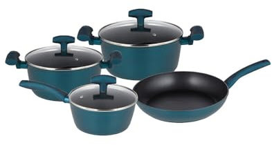 Posten Anker Topfset Induktion 7-teilig, Edelstahl satiniert, für alle Herdarten, Kochtöpfe mit Glasdeckel, Induktions Töpfe Set (7 tlg Premium - Blau)