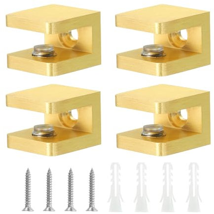 QUARKZMAN Pince de Fixation pour Étagère en Verre, 4 Pièces, en Cuivre Doré, Réglable pour Verre de 5 à 8 mm d'Épaisseur, Support de Fixation pour Panneau en U
