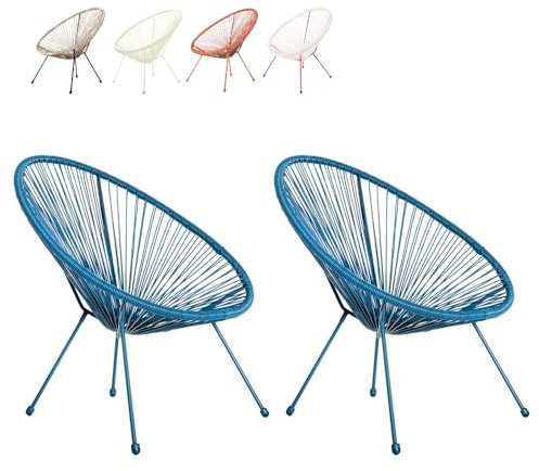 LOLAhome Pack 2 Sillones de jardín Acapulco Azul | Cuerdas de Rattan PE y Acero | 72x77x84 cm | con Topes de Goma, Resistente hasta 120kg | para Interior y Exterior, Jardín, Terraza | Acapulco