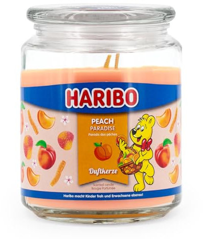 Haribo Duftkerze im Glas mit Deckel | Peach Paradise | Duftkerze Fruchtig | Kerzen lange Brenndauer (100h) | Geschenke für Frauen | Duftkerze Groß (510g)