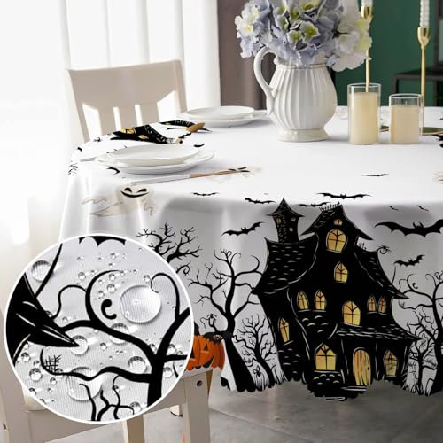 Halloween Tischdecke Rund 150 cm Abwaschbar Kürbis Geist Tischdecke Fleckschutz Pflegeleicht Wasserdicht Tischtuch aus Polyester Tischdecken für Küche, Esstisch, Couchtisch, Party, Garten