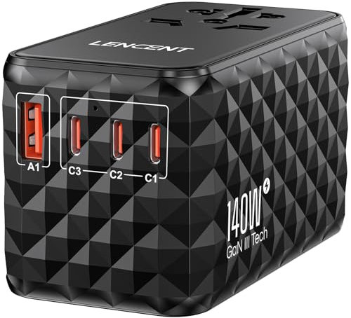 LENCENT Adaptateur de Voyage International 140W avec 1 USB-A et 3 USB-C PD Charge Rapide pour Téléphones Ordinateurs Portables, Adaptateur de Voyage Universel Tout-en-Un pour UK,EU,AU,US, Noir