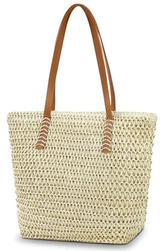 Aucuu Sac à bandoulière en paille pour femme, sac de plage, grand sacs à main à fermeture éclair, sacs fourre-tout bohème d'été, pour l'extérieur, les voyages et la plage, Blanc cassé