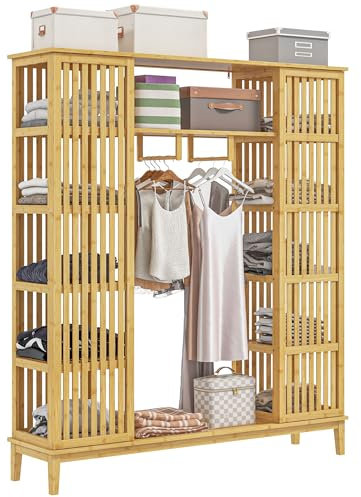 HOMCOM Armoire penderie en Bambou Armoire de Rangement avec 2 Portes coulissantes, étagères Ouvertes et Tringle pour la Chambre à Coucher, 145 x 35 x 165cm, Finition Bois Naturel